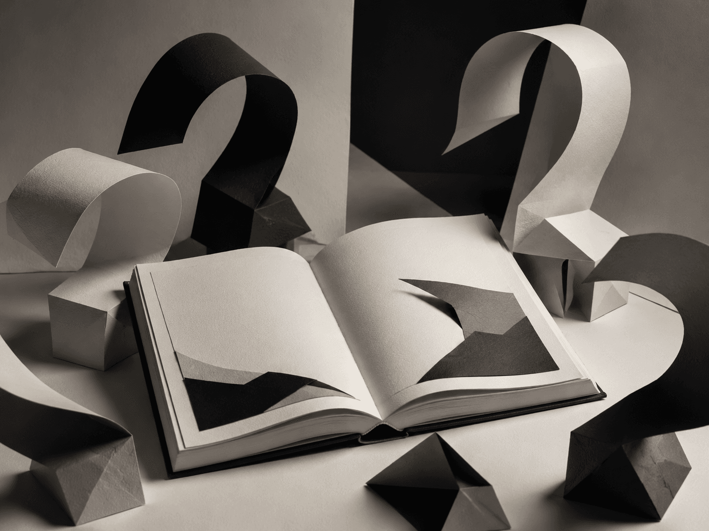 Folded paper forms surrounding an open book