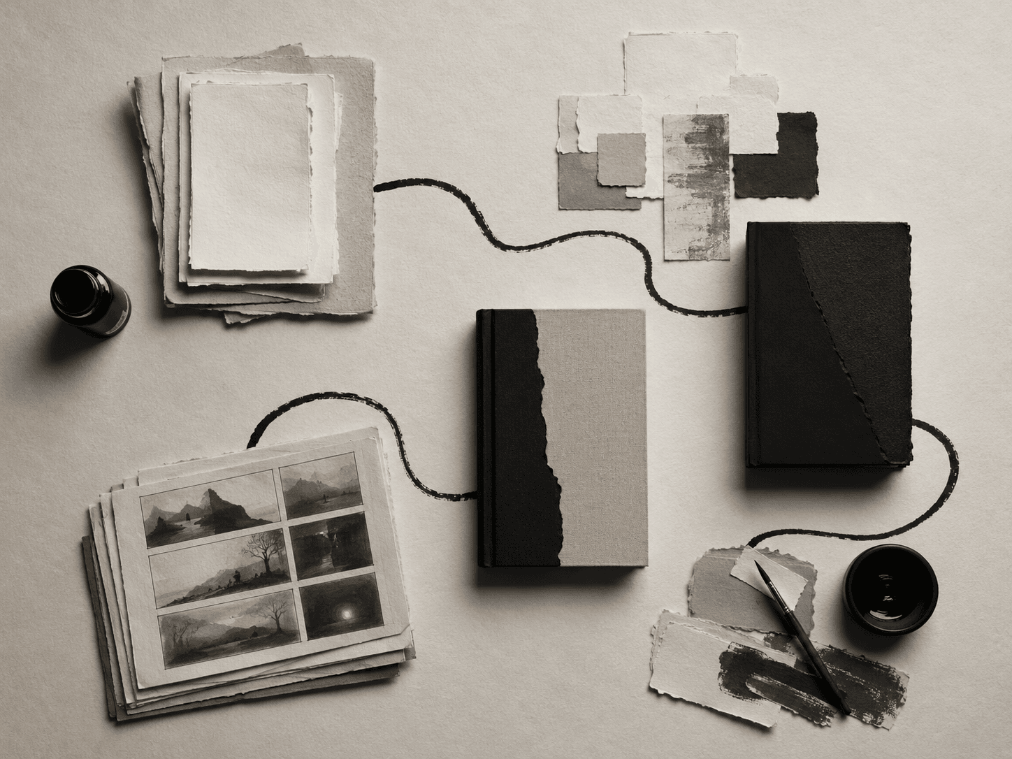 Five paper stations connected by an ink path from manuscript to release media