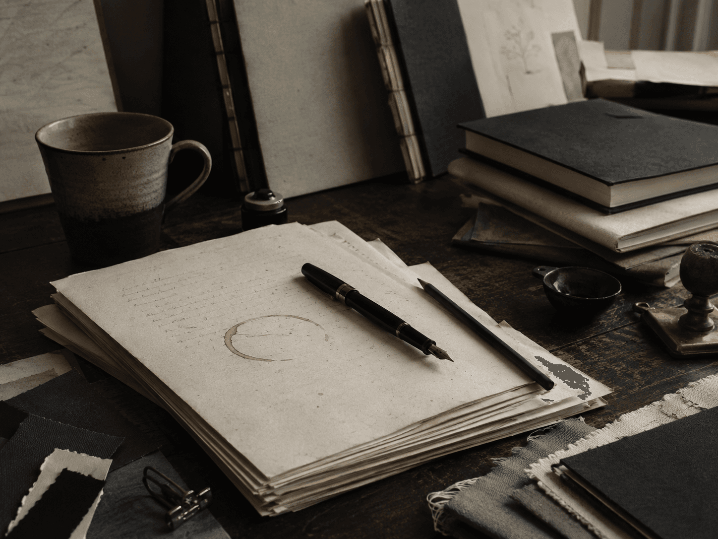 An author desk with manuscript pages, editing pencil and book cloth swatches